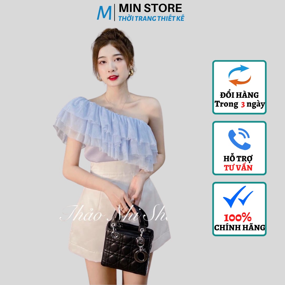 Set Áo Xanh Lệch Vai Cổ Bồng Xếp Tầng Kèm Chân Váy Trắng Vải Voan Tơ Mềm Mại Sexy