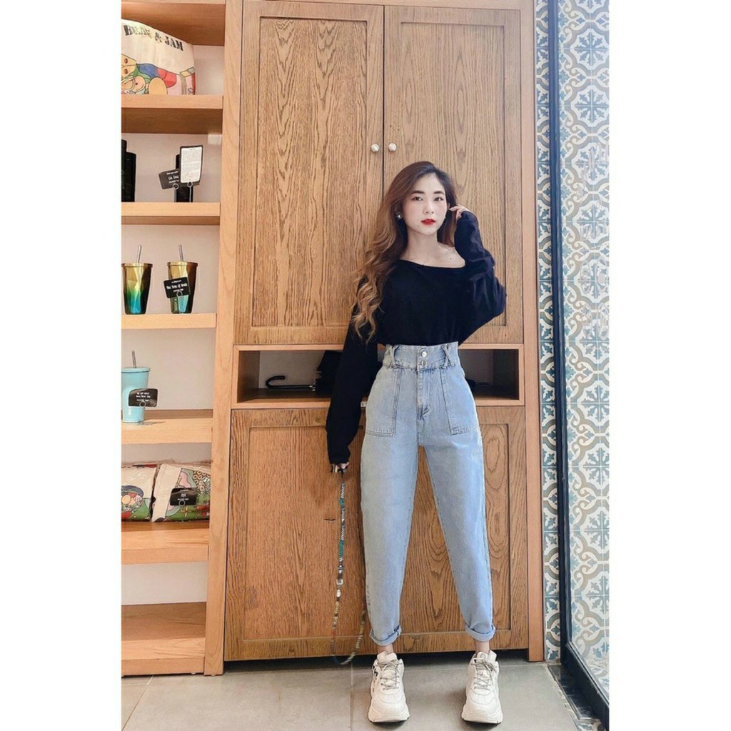 Quần Baggy Jean Nữ Lưng Cao Túi Vuông 2 Nút Cực Cute Xanh Đậm Và Nhạt - 403 | BigBuy360 - bigbuy360.vn