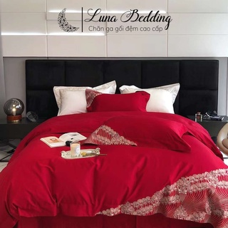 Bộ chăn ga cưới lụa thêu 80s họa tiết hoa ren váy cưới luna bedding