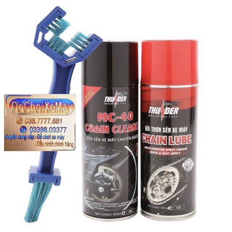 Combo bảo dưỡng sên chống văng Thunder Chain Lube 400ml và Rửa sên MC - 40 , bàn chải sên 3D DoChoiXeMay