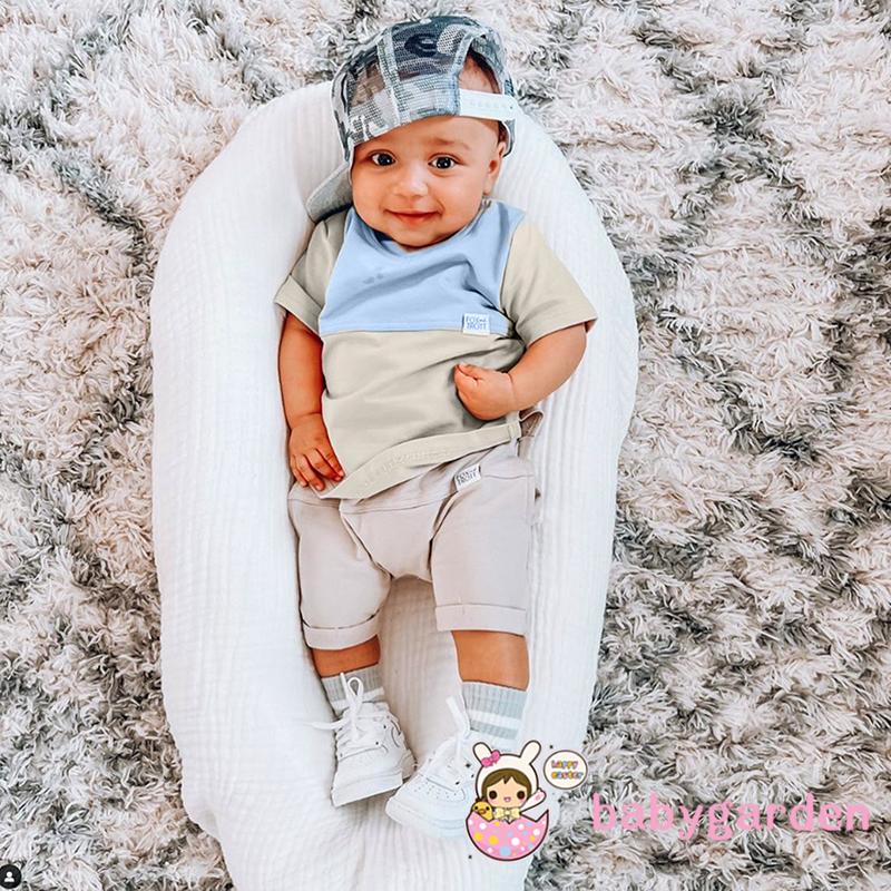 Bộ Áo Thun Ngắn Tay Cổ Tròn + Quần Short Co Giãn Tốt Màu Sắc Tương Phản Thời Trang Mùa Hè Cho Bé Từ 0-24 Tháng Tuổi