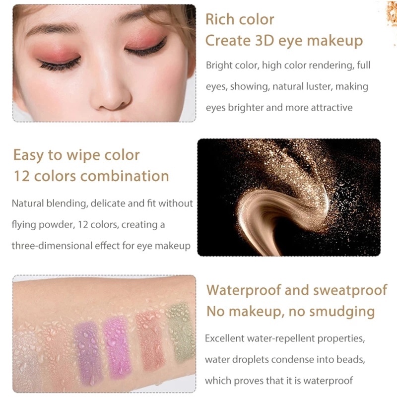 Phấn Mắt Dạng Bút 12 Màu Sắc Ngọc Trai Long Lanh Chống Nước Lâu Trôi