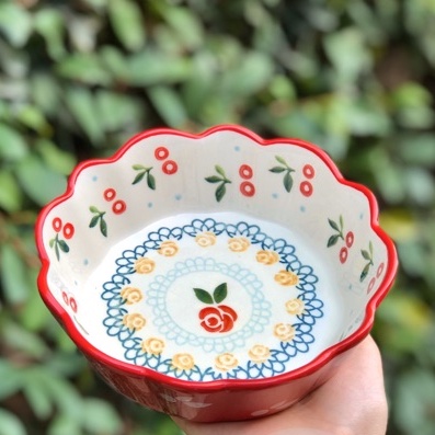 Bát sứ tròn miệng lượn hoạ tiết cherry phong cách Bắc Âu, bát đĩa Cherry hoa hồng cao cấp