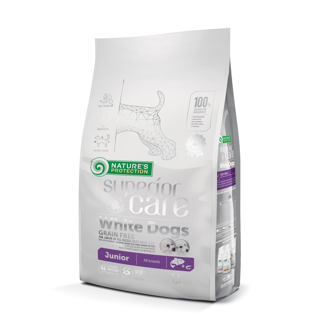 Thức ăn cho chó con lông trắng NATURE’S PROTECTION SC White Dogs GRAIN FREE JUNIOR, Gói 1.5kg Không ngũ cốc vị cá hồi