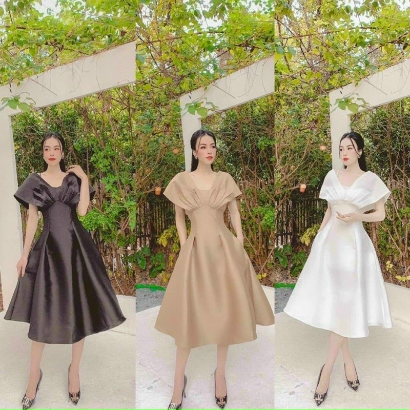 Đầm thời trang nữ mặc đi dự tiệc sang chảnh chất tapta cao cấp tay phồng xoè bèo vai chân váy xếp ly