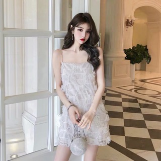 (Order) VÁY HAI DÂY ĐÍNH LÔNG SUÔNG (ảnh thật)