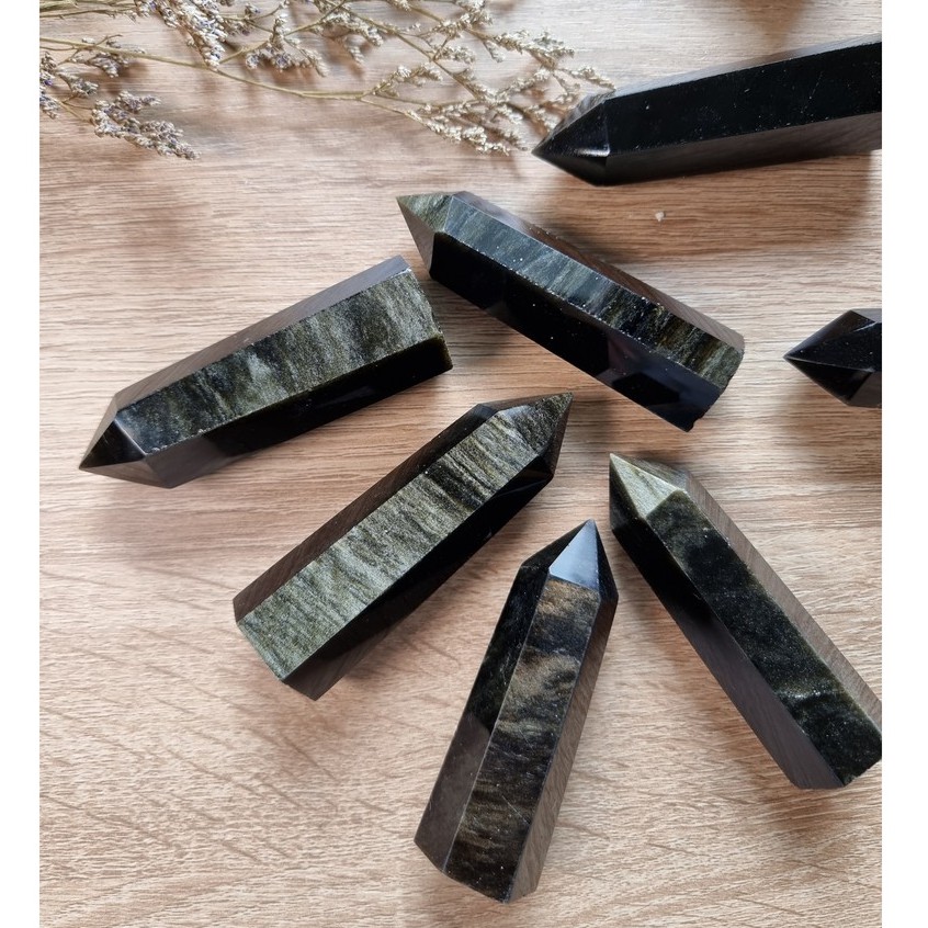 Trụ đá thanh tẩy Black Obsidian Gold Sheen, trụ đá thach anh dùng trong Tarot, Reiki, đá phong thủy