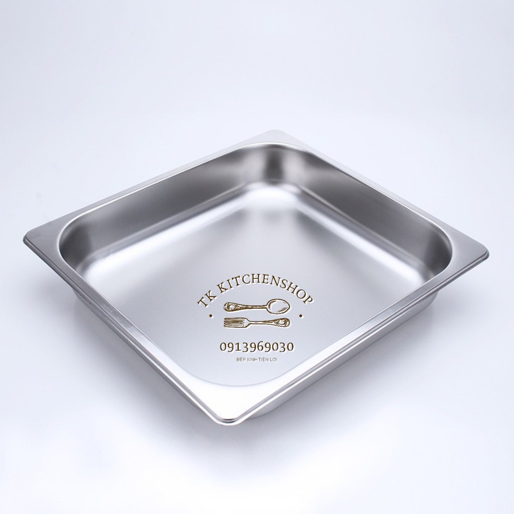 Khay inox đựng thực phẩm có nắp GN 2/3, Khay inox 2/3 kích thước 32,5x35,5cm đựng topping thach, đồ ăn, inox dày loại 1
