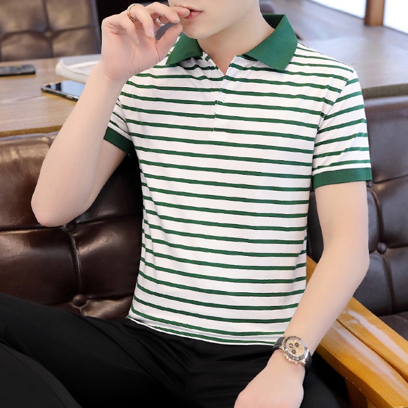 Áo polo cotton tay ngắn dáng rộng họa tiết kẻ sọc thời trang mùa hè mới cho nam