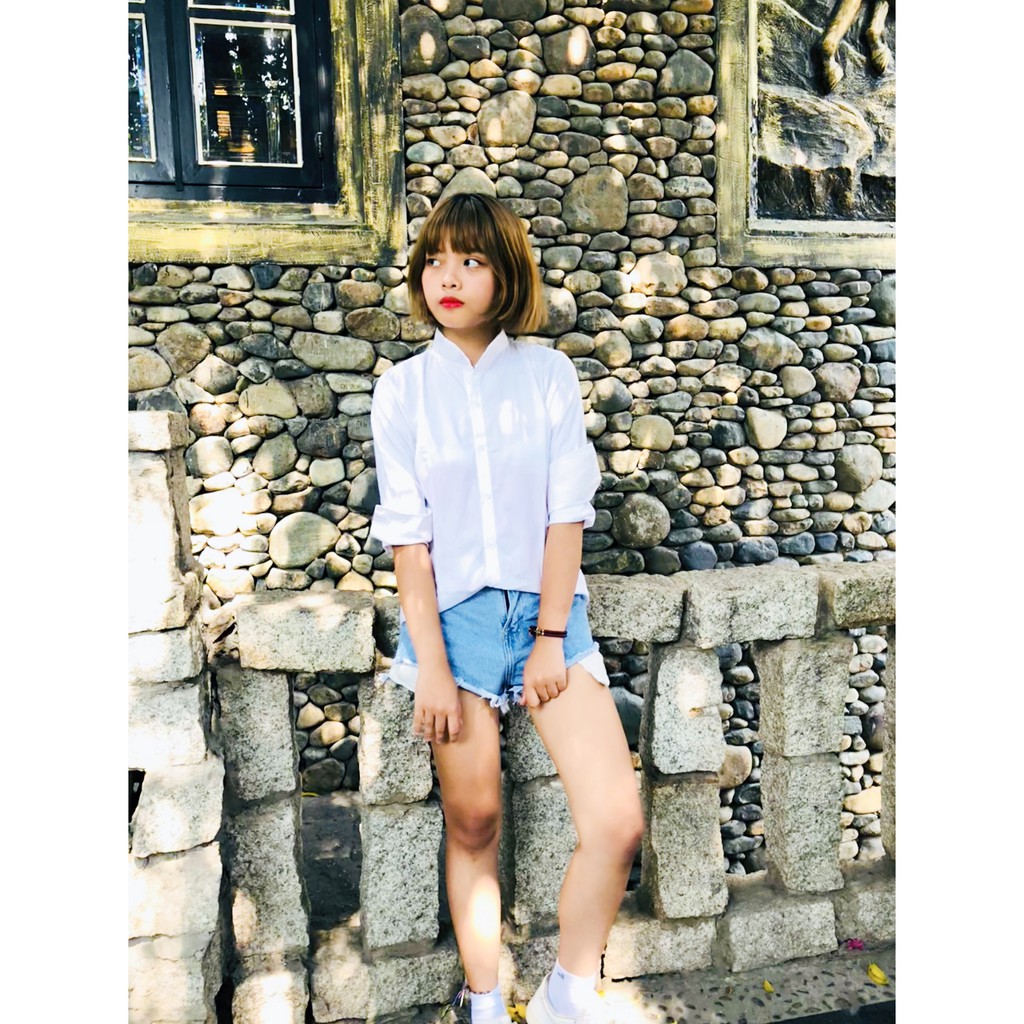 FREESHIP - Áo sơ mi nữ cổ trụ cao cấp màu trắng | BigBuy360 - bigbuy360.vn