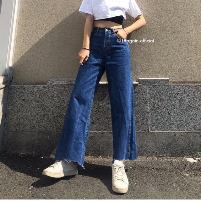 [Size 30~35] Quần Jeans Lưng Cao Qua Rốn BigSize / Quần Suông Ống Rộng Lửng 9 Tấc Không Giãn - Trơn [SIÊU HOT]