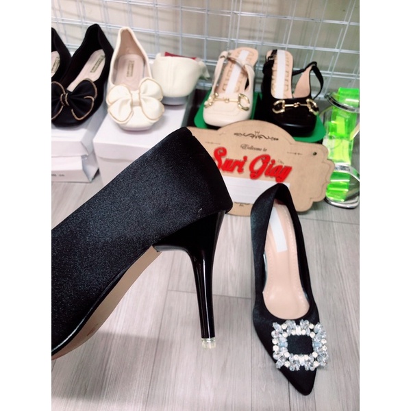 G22 Giày cao gót nữ hoa đá vuông vải lụa cao 7p sang chảnh
