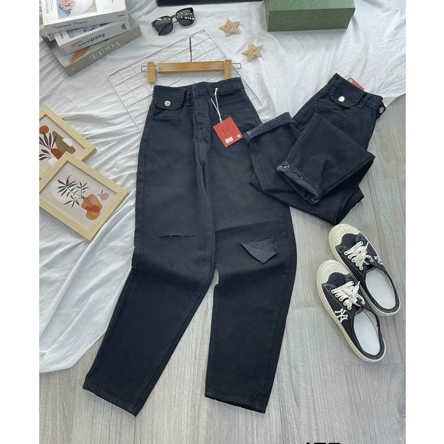 Quần bò nữ cạp cao, Quần baggy jean nữ rách nhẹ kiểu nắp túi dễ thương