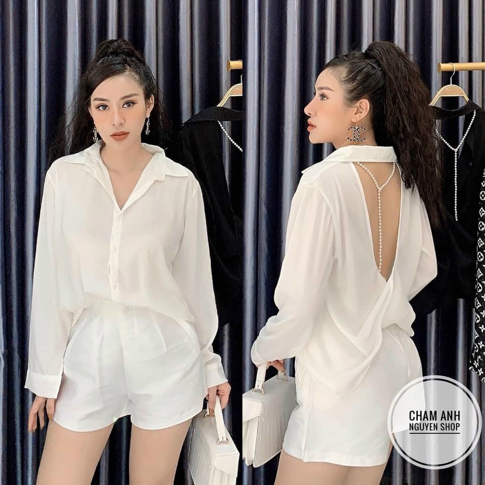 Áo sơ mi form rộng hở lưng xoắn phối hạt ngọc cực xinh , chất voan mềm mịn