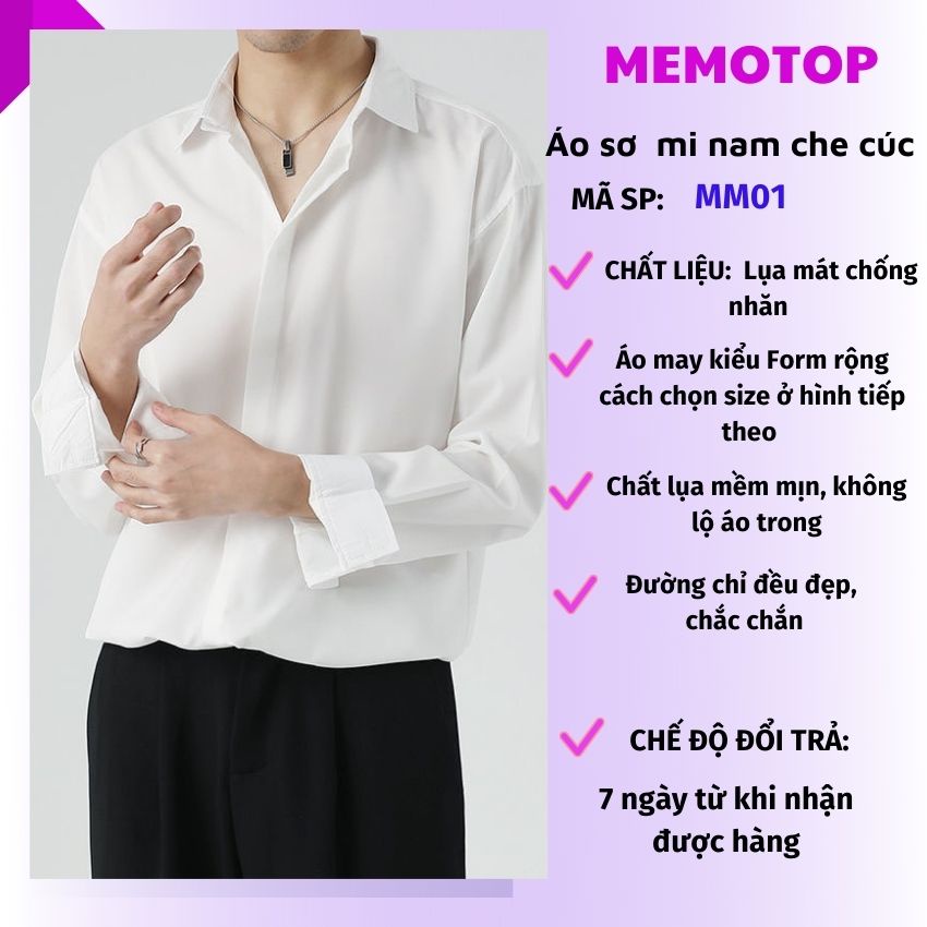 Áo sơ mi trắng nam form rộng dài tay đẹp lụa mát giấu cúc cổ bẻ hàn quốc MEMOTOP MM03