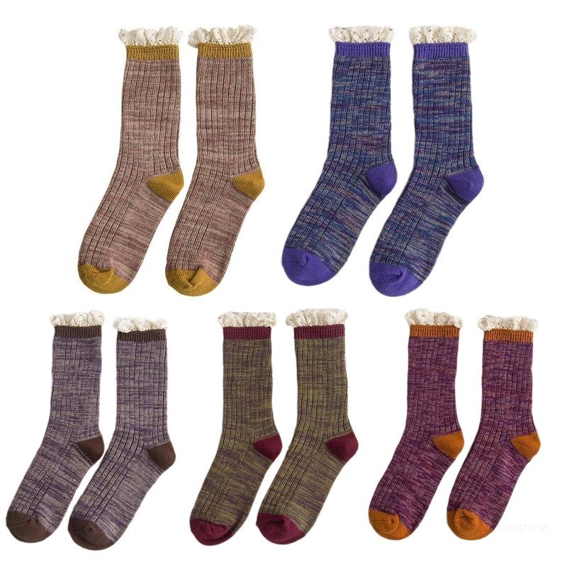 XIXI Vớ ống trung bình phối ren dày dặn ấm áp thời trang thu đông phong cách Nhật Bản cho nữ