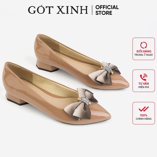 Giày cao gót bít mũi nữ 3cm GÓT XINH G18 màu nâu da mềm đế vuông phối nơ