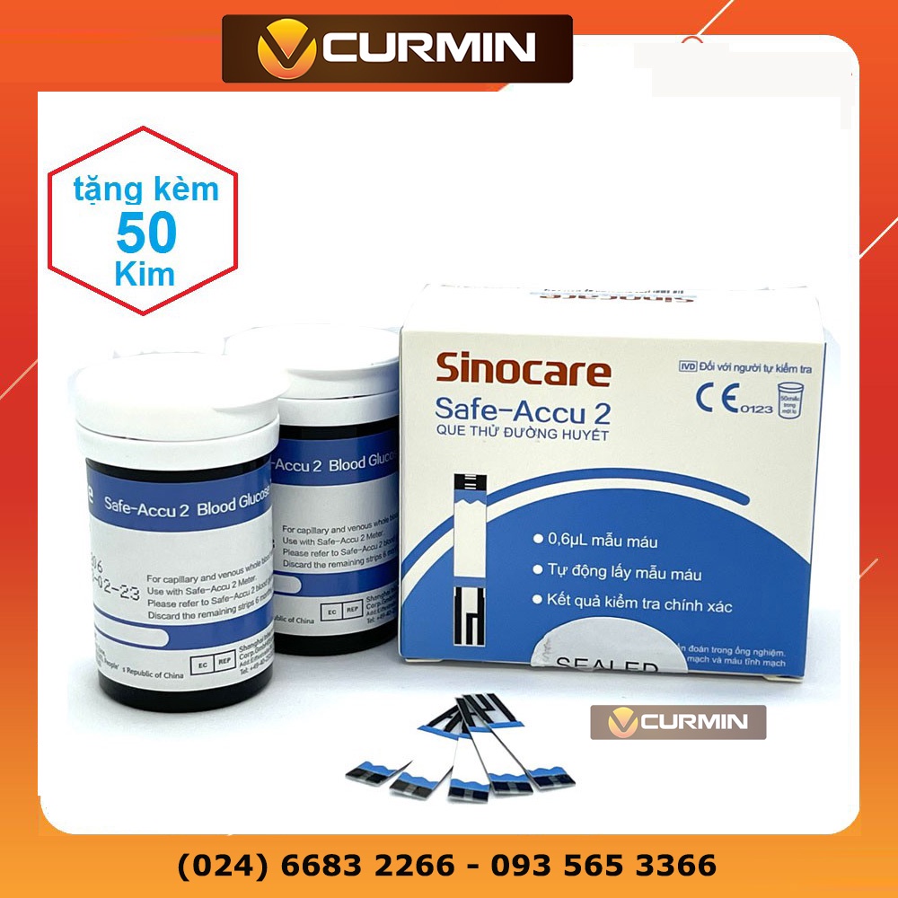 Que Thử Đường Huyết Safe Accu 2 Chính Hãng Sinocare 50 Que Thử + 50 Kim Chích Máu