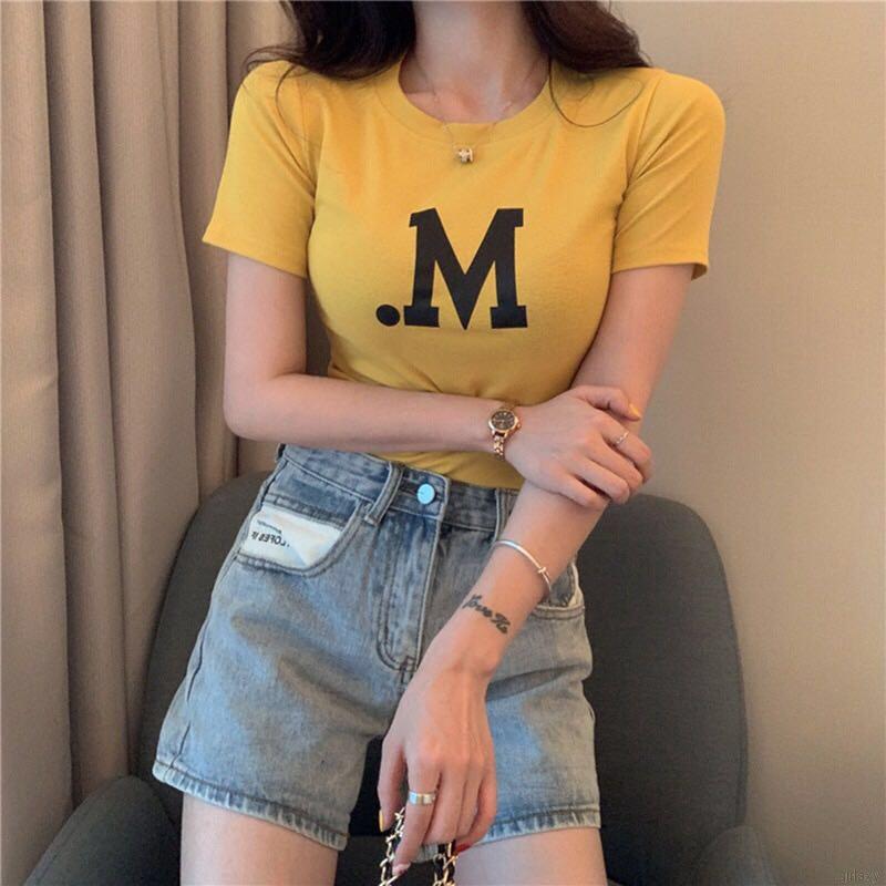 Áo Thun Croptop Tay Ngắn In Chữ Cổ Tròn Phong Cách Hàn Quốc
