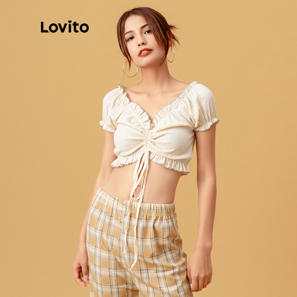 Áo Lovito phối dây rút nhún bèo lai áo màu trơn giản dị L05609 (màu be) | WebRaoVat - webraovat.net.vn