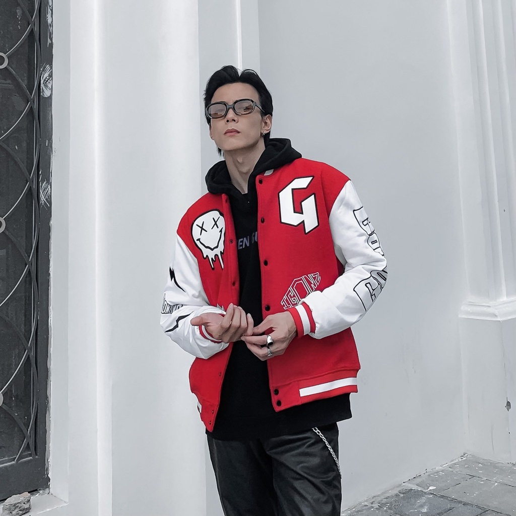 Áo Khoác Varsity nam nữ màu đỏ, Gonz Bóng chày .Unisex Form rộng nhung tăm 2 lớp Hình thêu 100%
