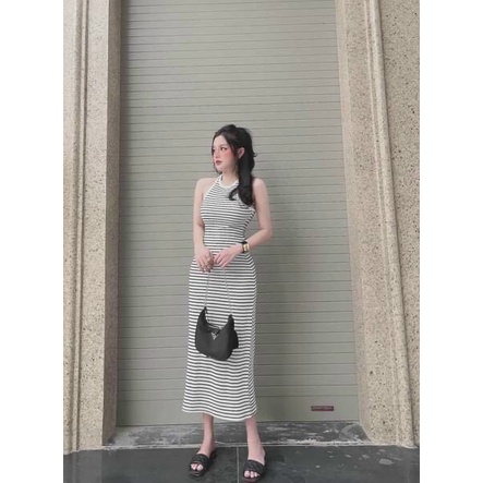 đầm ba lỗ kiểu sọc ngang xinh xắn chất thun gân mềm tv1