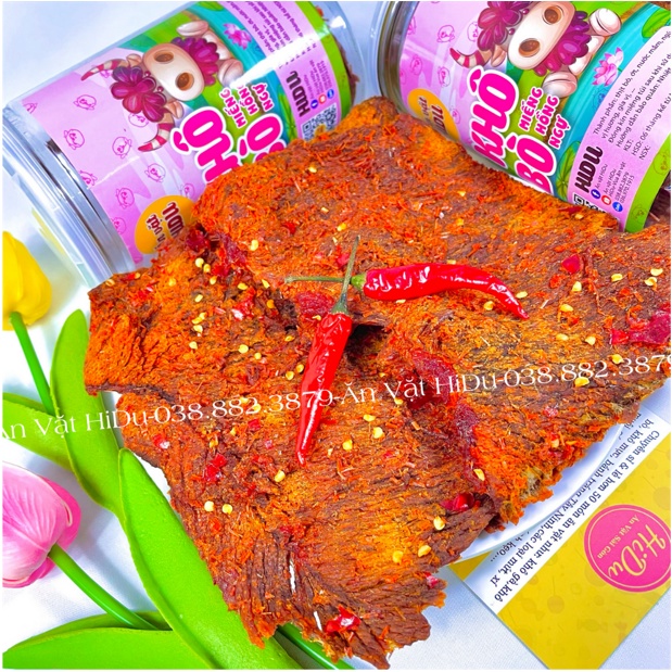 Khô bò miếng mềm cay hồng ngự 250gr Ăn vặt HiDu | BigBuy360 - bigbuy360.vn