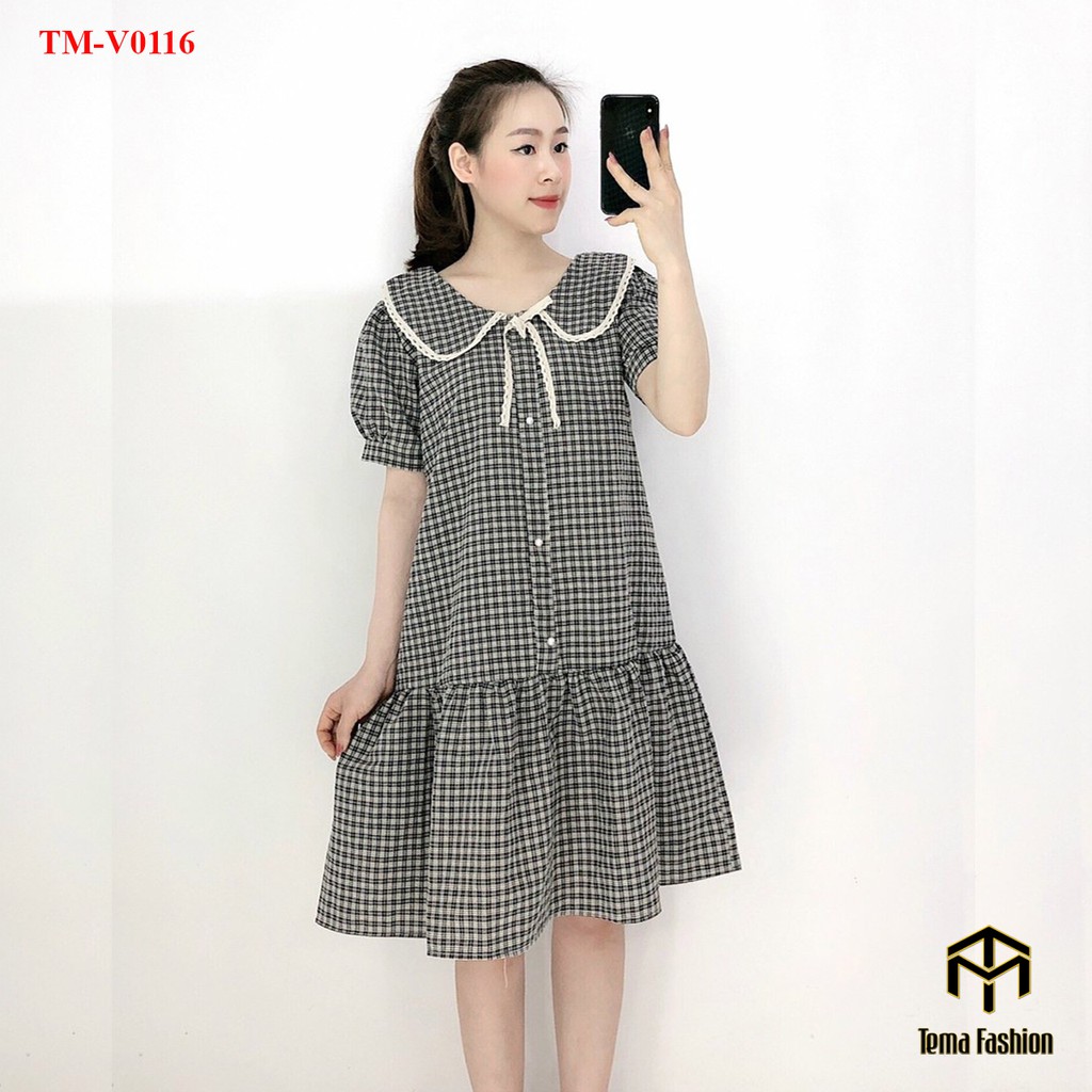 [Mã FAXANH245 giảm 10K đơn 50K] Váy bầu TEMA - Đầm bigsize dáng dài kẻ caro cổ kèm dây nơ chất cotton siêu mát