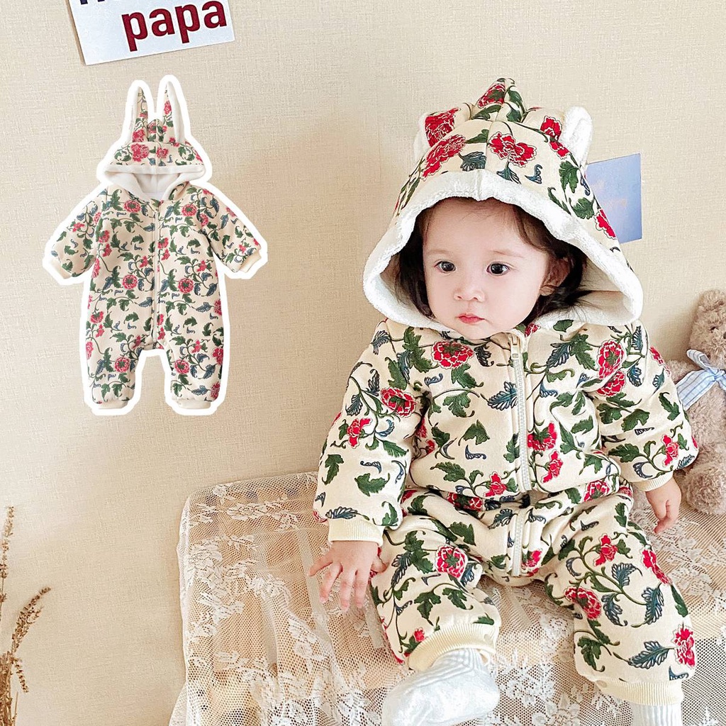 Bộ áo liền quần SANLUTOZ tay dài bằng cotton in hoa dễ thương thời trang mùa đông cho bé gái