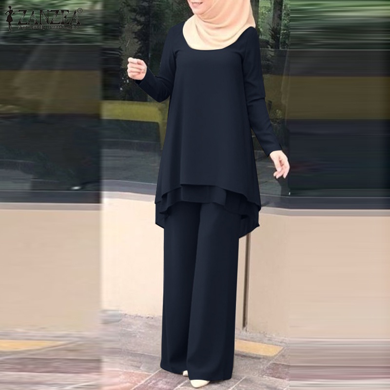 Bộ đồ Hồi Giáo ZANZEA dáng suông lưng thun hai lớp viền ren không đều cho nữ