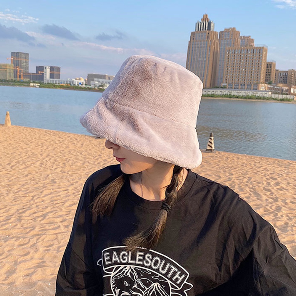 Mũ bucket lông thỏ giả dày dặn giữ ấm mùa đông dễ thương cho nữ