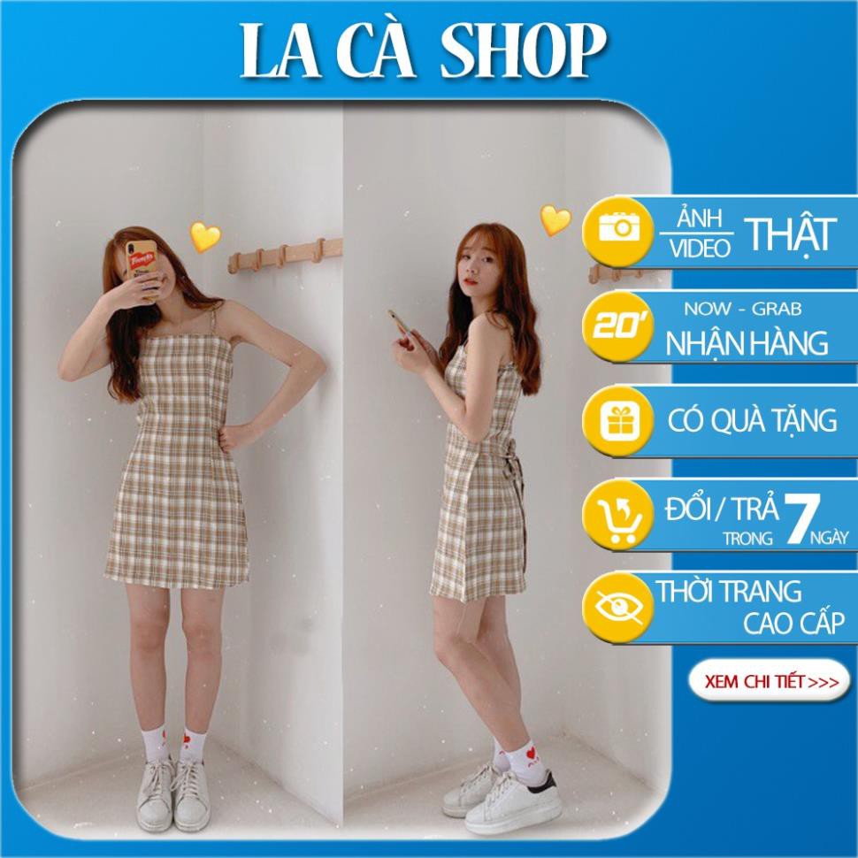 Váy 2 dây buộc eo - Đầm 2 dây kẻ caro nhiều màu, ảnh thật shop chụp  ྇