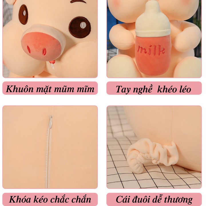 Gấu nhồi bông heo hồng ôm bình sữa siêu cute làm gối ôm đi ngủ, làm quà tặng - Morning store