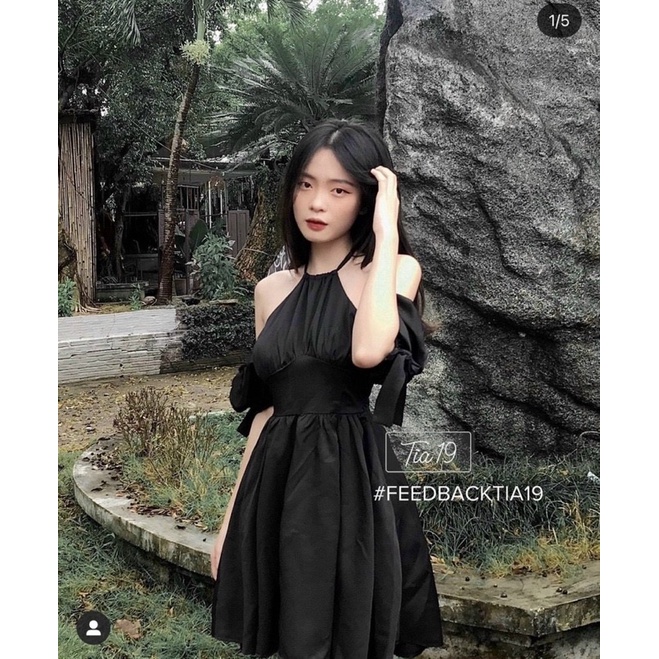 Đầm Xoè cổ yếm Tay Ngắn Trễ Vai siêu xinh