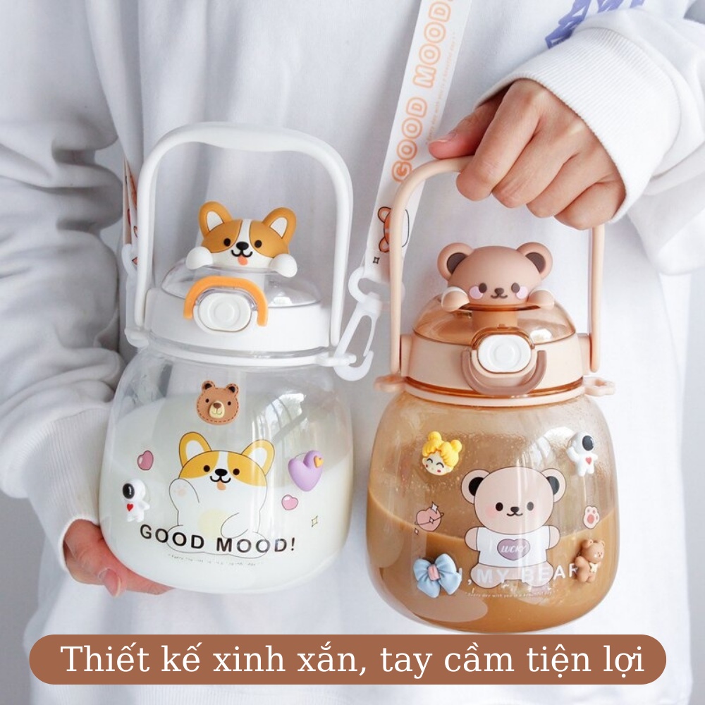 Bình nước cute nhựa 1300ml có tay cầm TiLoKi TBM.02 có dây đeo tặng kèm