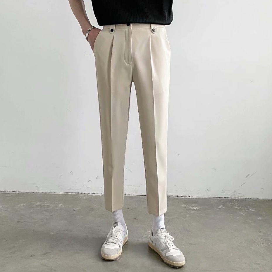 Quần tây vải lụa lạnh mỏng plus size dáng rộng ống đứng phong cách Hàn Quốc cho nam