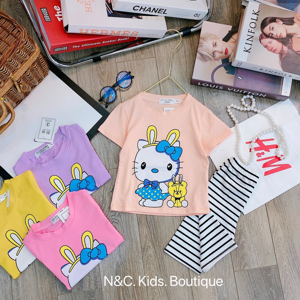 Bộ bé gái cotton tầu mèo Kitty quần legging ngố đùi kẻ sọc nhí đại 8-35kg XHN918