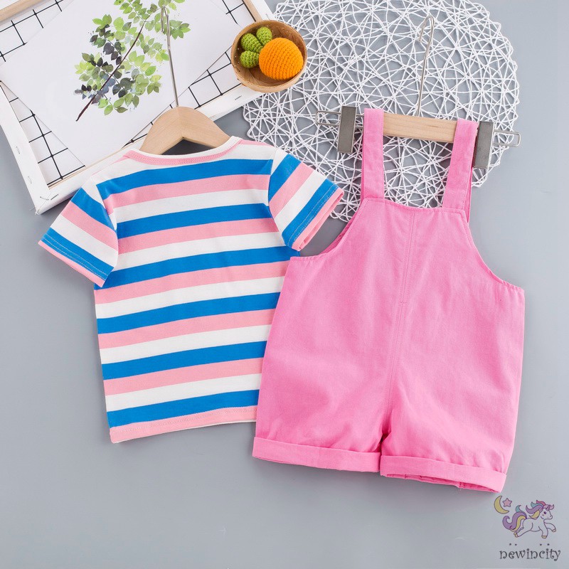 Set Áo Kẻ Sọc + Quần Yếm In Chữ Nhiều Màu Sắc Thời Trang Cho Bé