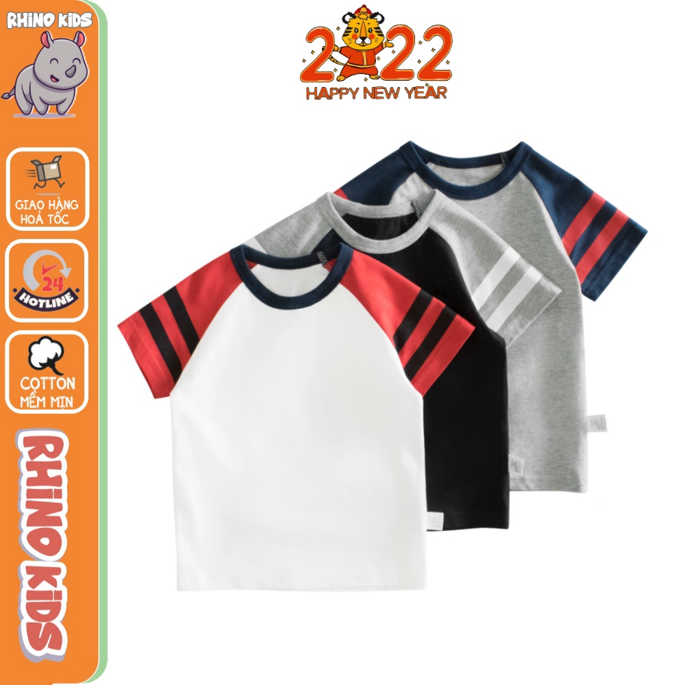 Áo thun trơn bé trai tay ghép sọc chất liệu cotton mềm mịn thoáng mát êm ái cho bé