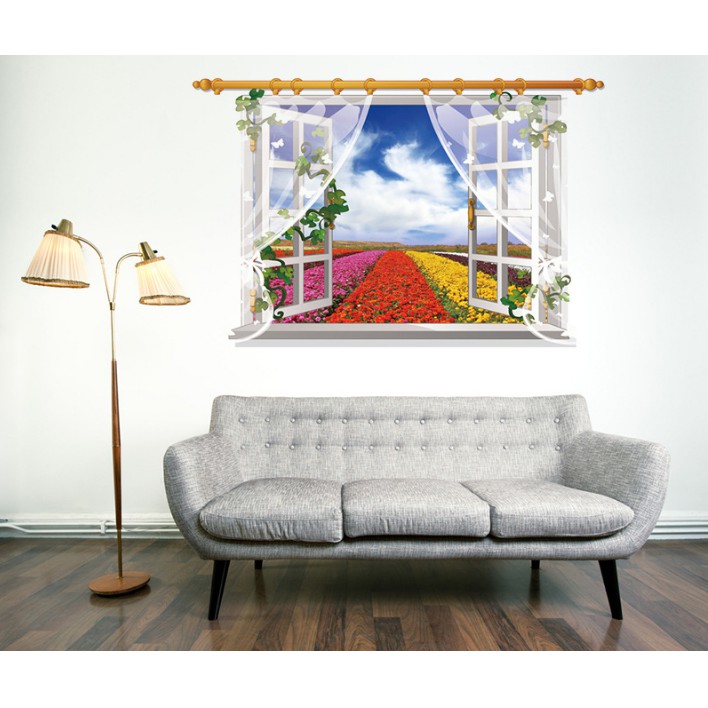 Decal trang trí cửa sổ 3D 60x90cm luống hoa sắc màu