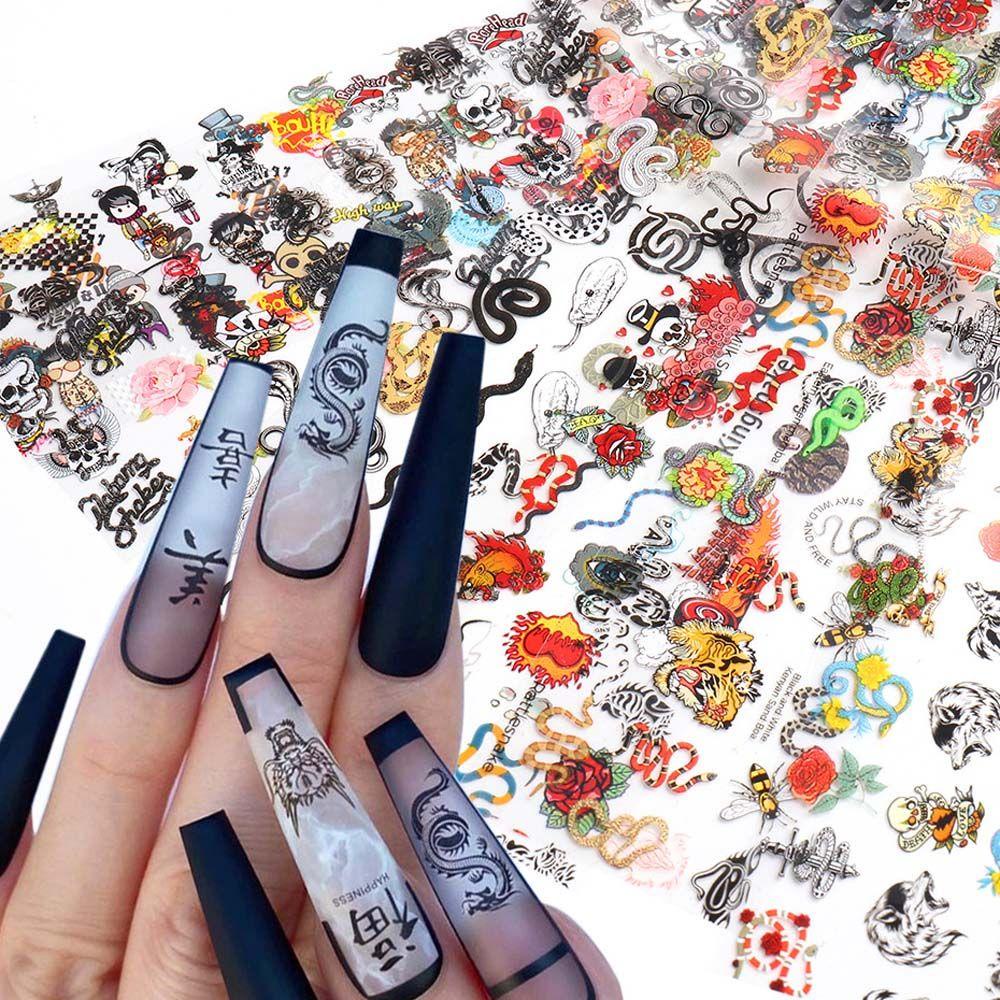 Set 10 Miếng Dán Trang Trí Móng Tay Họa Tiết Đầu Lâu Màu Đen Phong Cách Halloween