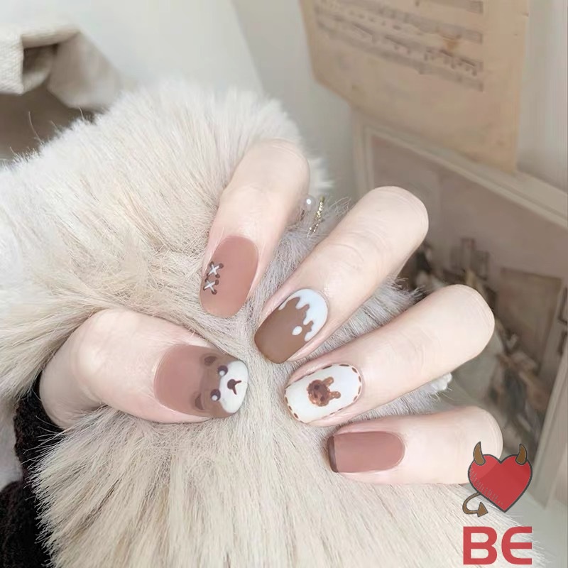 YADORNOS Set 24 Móng Tay Giả Dáng Ngắn Hình Gấu Hoạt Hình Dễ Thương