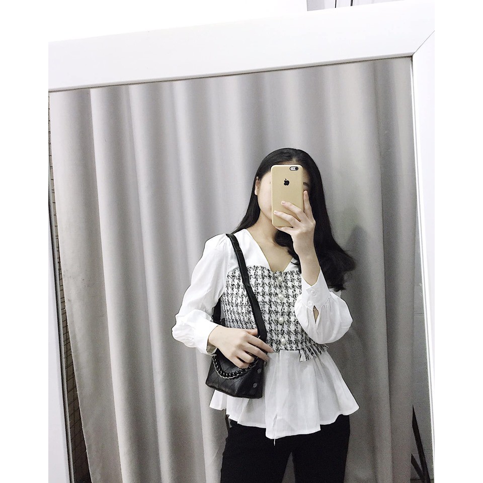 Áo lụa pha dạ kẻ đen dài tay - Hàng cao cấp xuất khẩu