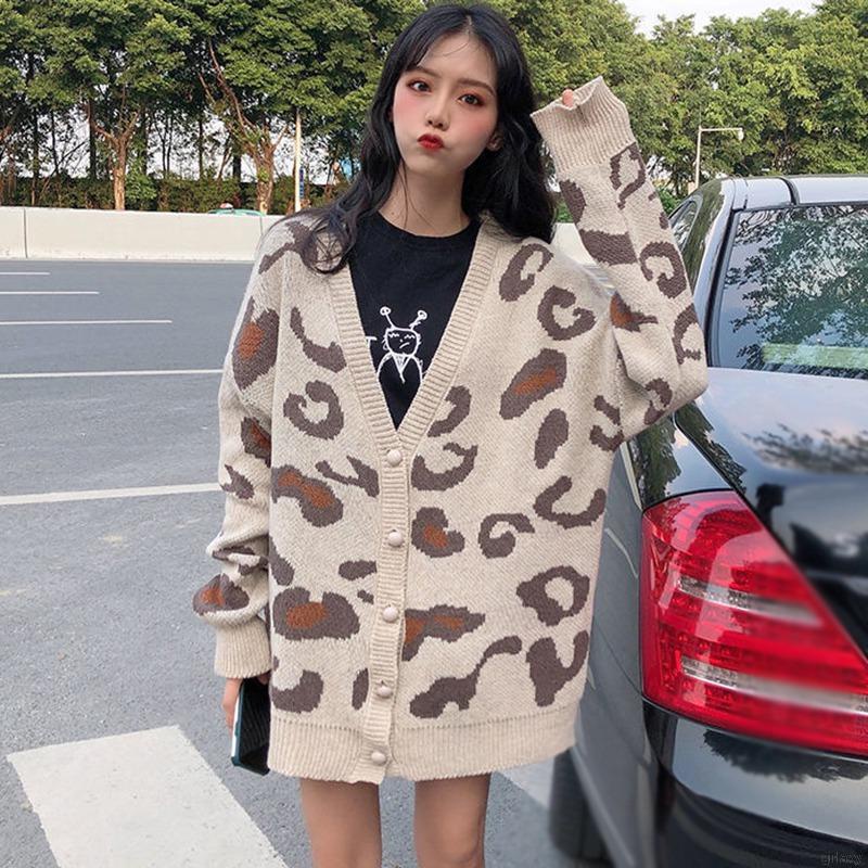 Áo Khoác Cardigan Dệt Kim Tay Dài Cổ Chữ V Hoạ Tiết Da Báo Phong Cách Hàn Quốc