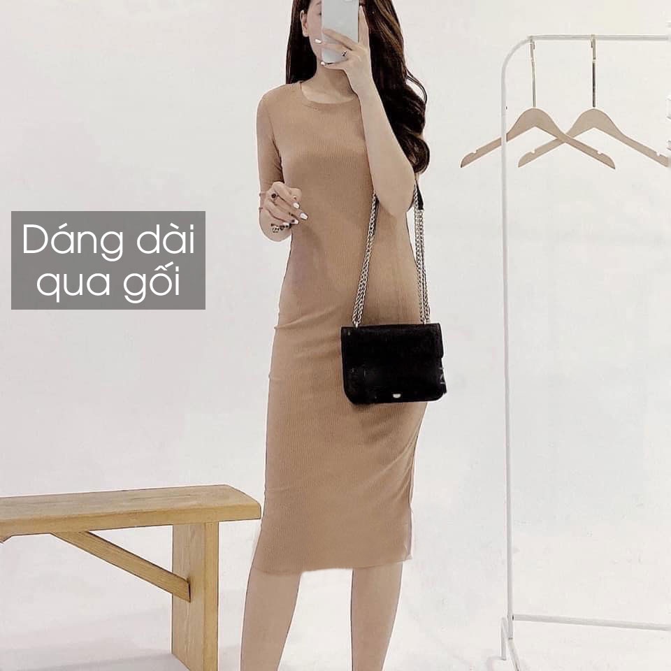 Váy body dáng dài qua gối, đầm body dáng ôm tay lỡ cổ tròn Basic chất thun gân V065