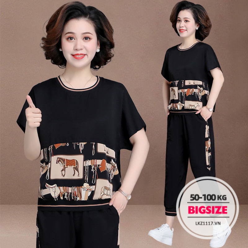 Set bộ đồ nữ trung niên cho mẹ Bigsize Áo thun tay ngắn kết hợp quần ống rộng Quần áo nữ trung niên Phong cách hàn quốc Thời Trang trẻ trung sang trọng đẹp cao cấp