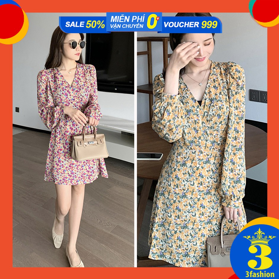 Đầm Hoa Cổ Chữ V Đắp Chéo Tay Dài Vải Voan Đẹp Thoáng Mát Style Thời Trang Vintage Pháp - MSP D06A