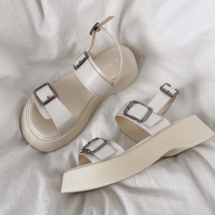 Dép Sandal Ulzzang LOẠI 1 - Giày đi học nữ đế cao hai quai cài khuy phong cách mang áo dài