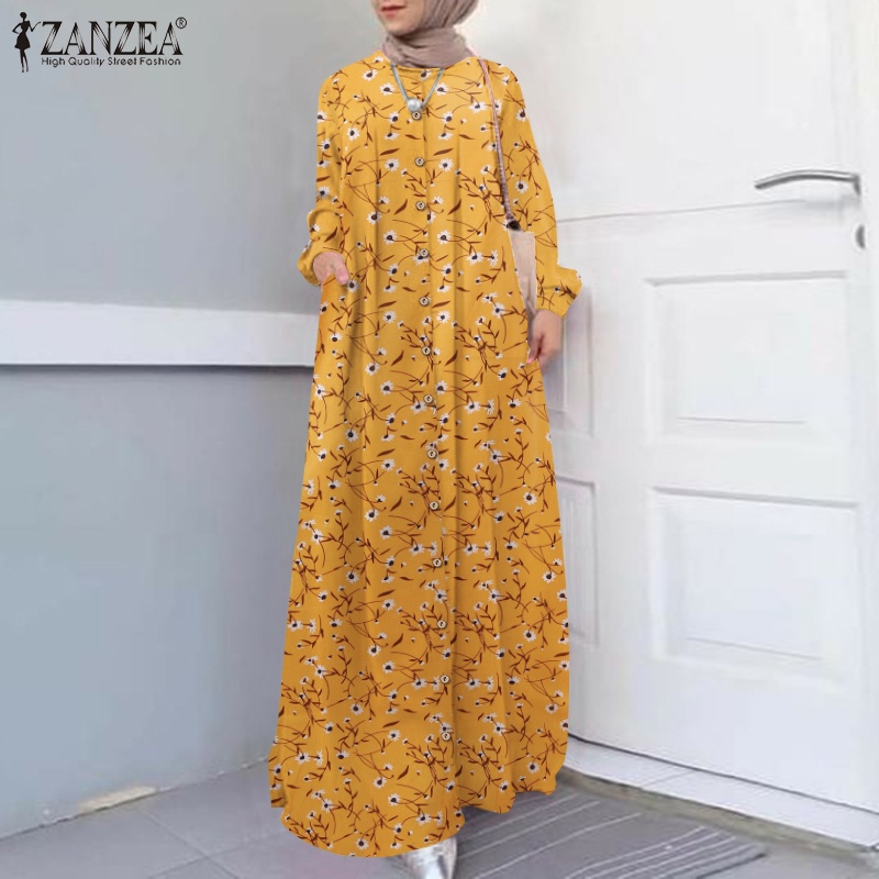 Đầm maxi Zanzea tay dài cổ tròn in họa tiết hoa thời trang cho nữ
