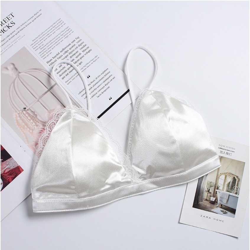 Áo ngực lụa satin trơn viền ren sexy Bra nữ đệm mỏng cao cấp LOTXINH